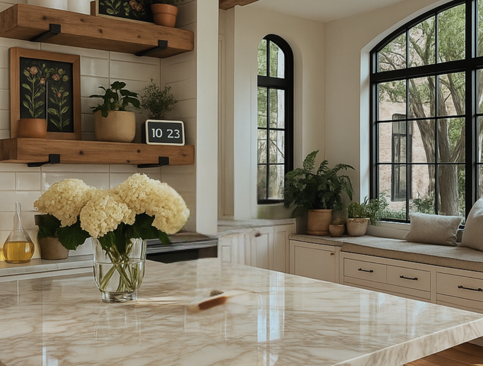 Modern kitchen with marble countertop, wooden shelves, and large windows.