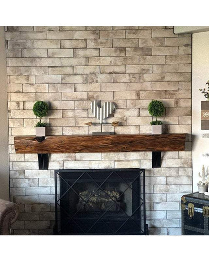 Little Falls Metal Corbel by Industrial Farm Co supporting rustic wood mantel on brick fireplace, black steel brackets in ...