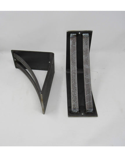 Two black metal corbels from Industrial Farm Co - one triangular bracket and one rectangular support beam with raw steel a...