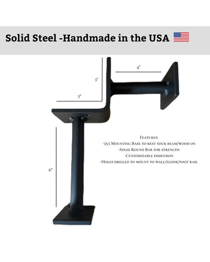Black solid steel bar foot rail bracket by Industrial Farm Co with mounting base and wall attachment plate, handmade in USA