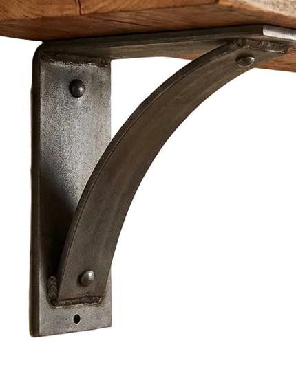 Industrial Farm Co Moravia 4" black metal shelf brackets with rivets supporting reclaimed wood shelves displaying ceramic ...