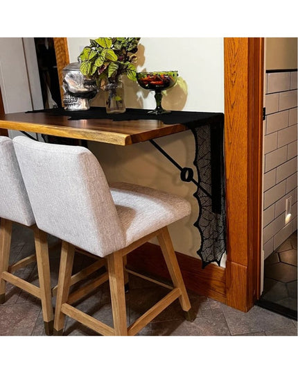 Black metal Glen Cove Modern Shelf Support with decorative mesh design supporting wood counter shelf in kitchen with bar s...