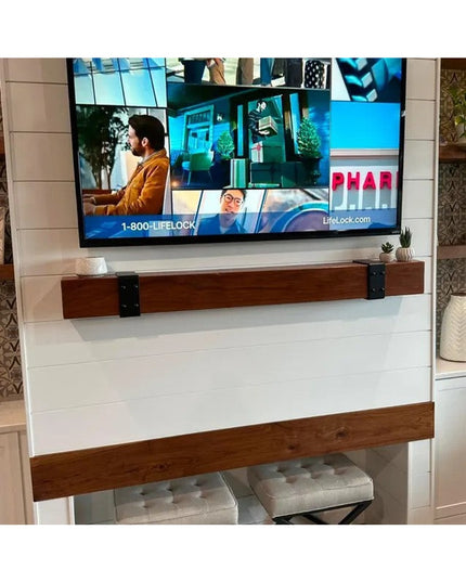 Billings Wooden Beam Strap by Industrial Farm Co mounted on floating TV console shelf, showing rustic wood beam with black...
