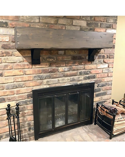 Ithaca Rustic Bracket Support by Industrial Farm Co - black metal corbels supporting weathered wood mantel on brick fireplace
