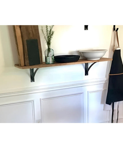 Black steel industrial shelf brackets supporting wood floating shelf with bowls and plant decor - The Pops 2" Heavy Duty C...