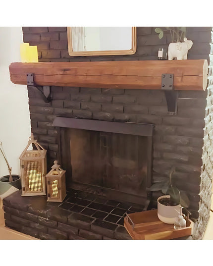 Heavy duty steel mantel brackets with rivets supporting rustic wood beam mantel on brick fireplace - Industrial Farm Co Cl...