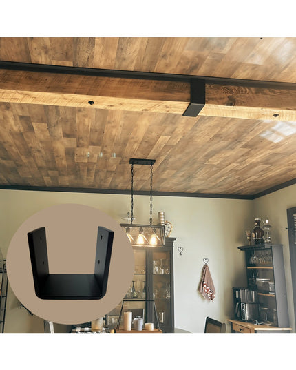 Industrial Farm Co Santa Fe black metal beam wrap installed on rustic wood ceiling beams in modern farmhouse kitchen interior