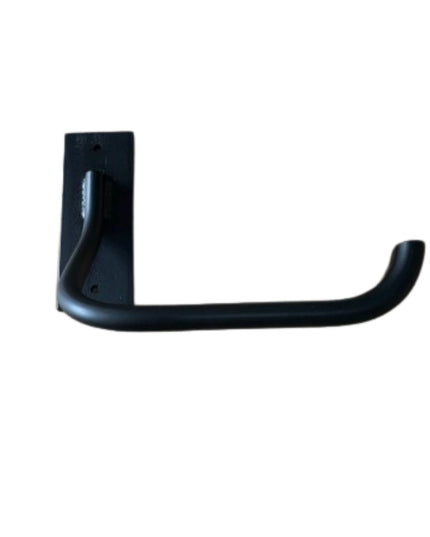 Tully Curved Toilet Paper Holder by Industrial Farm Co in matte black finish with wall-mounted rectangular backplate and c...