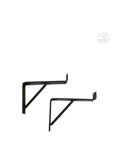Two black metal Norwich Support Brackets by Industrial Farm Co featuring L-shaped design with diagonal braces for shelf mo...