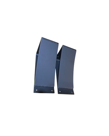 Two black metal Tipp Hill Mantel Support brackets by Industrial Farm Co with curved design and mounting holes