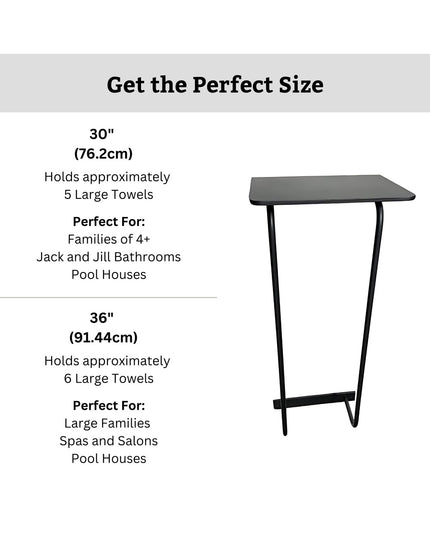 Black metal Diana towel rack with shelf from Industrial Farm Co showing size comparison chart - 30 inch and 36 inch options