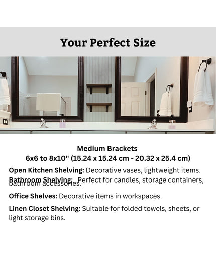Black steel L-shaped shelf brackets mounted under bathroom vanity shelves, showing medium bracket sizing guide for 6x6 to ...