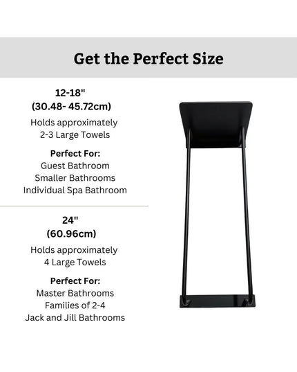 Black metal Diana towel rack with shelf by Industrial Farm Co showing size specifications 12-18 inch and 24 inch options w...