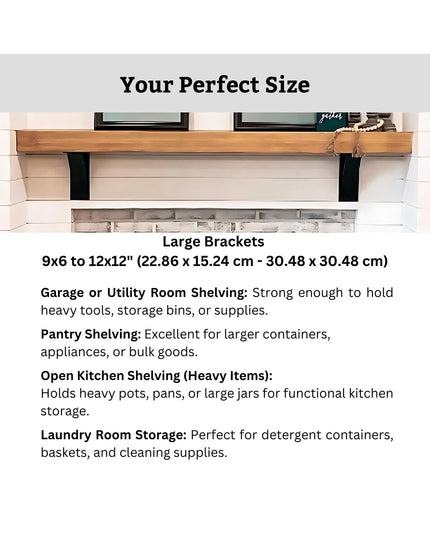 Industrial Farm Co Albany 4" heavy duty steel shelf bracket with curved support bar holding wooden floating shelf on white...