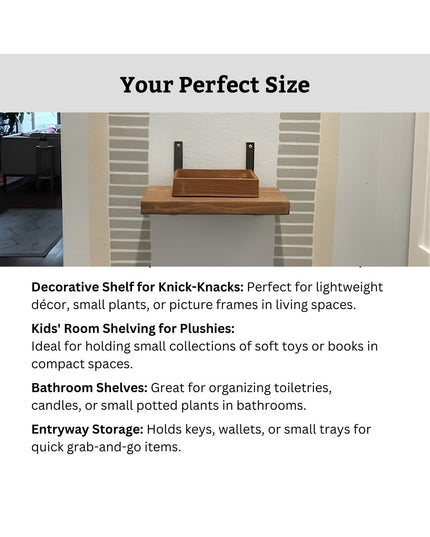 Wood floating shelf mounted on white slatted wall display with black metal L-bracket supports, showing Industrial Farm Co ...