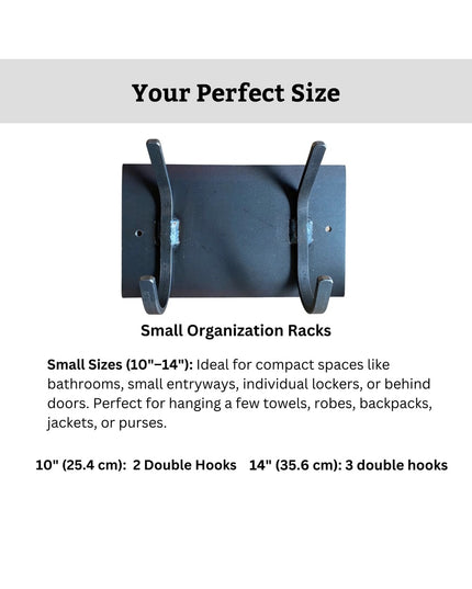 Black metal Bo Style Lodge small organization rack with double hooks, 10-14 inch sizes for compact spaces by Industrial Fa...