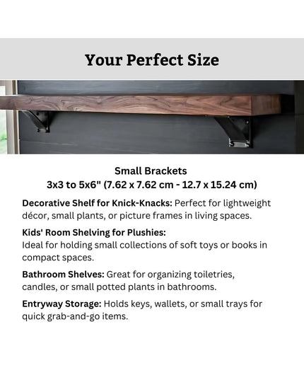 Black steel Albany 4" industrial shelf bracket with curved support bar mounted under wooden floating shelf, handmade by In...