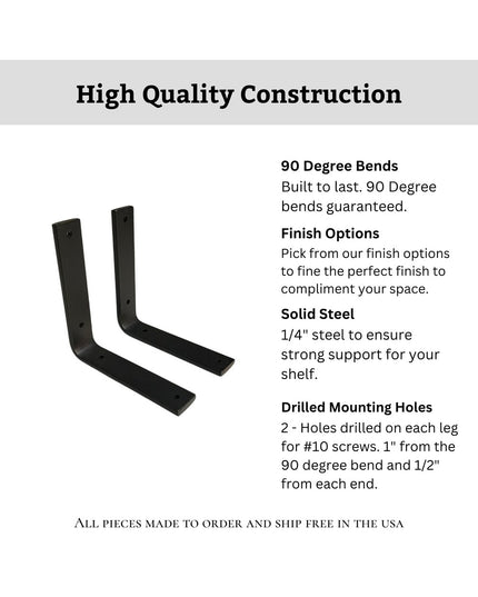 Black steel L-shaped shelf brackets from Industrial Farm Co showing 90-degree angle construction with pre-drilled mounting...