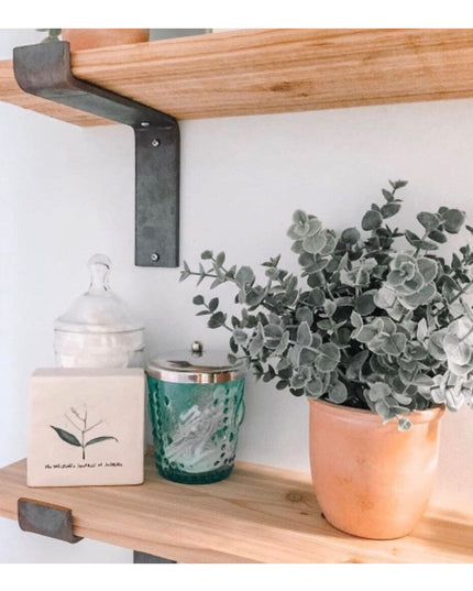 Auburn Z Open Shelf Support in black metal brackets holding wooden shelves with terracotta plant pot, green glass jar and ...