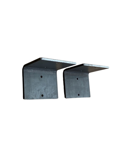 Two heavy duty steel L-shaped shelf brackets in dark gray finish with mounting holes, Industrial Farm Co Lyons 5-inch wide...