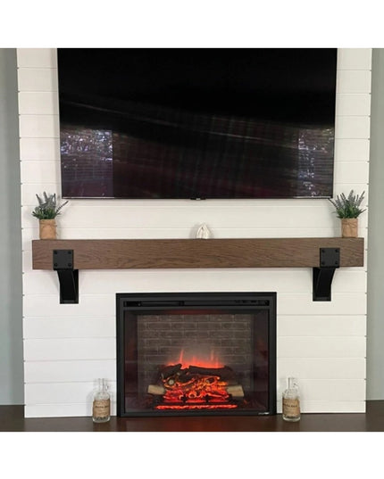 Black steel Clermont 4" mantel brackets with rivets supporting rustic wood mantel on white brick fireplace by Industrial F...