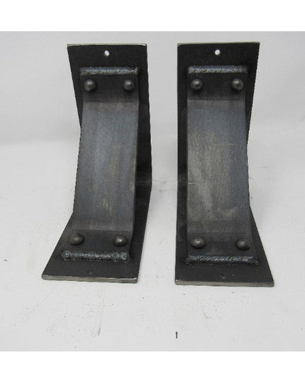 Two black metal L-shaped Ithaca Rustic Bracket Supports with decorative rivets and industrial farmhouse styling by Industr...