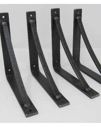 Four black steel Oak Hill 1-inch industrial shelf brackets with curved support bars and mounting holes by Industrial Farm Co