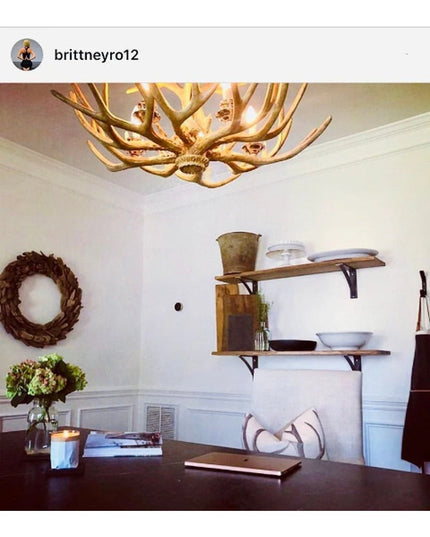Rustic dining room featuring Industrial Farm Co steel shelf brackets supporting wooden shelves, displaying dishes and deco...