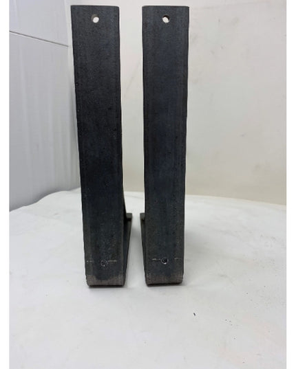 Black industrial steel shelf brackets with curved support bar and mounting holes from Industrial Farm Co, handmade heavy d...