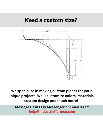 Custom size technical drawing of Industrial Farm Co's Annie Stocking Holder bracket showing dimensions and curved design s...