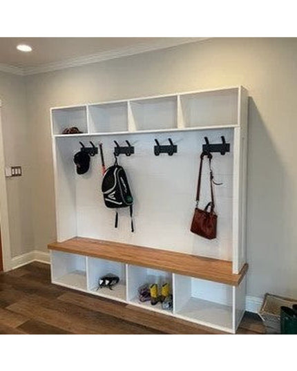 White Fairmount Style mudroom coat rack with wood bench, cubbies, hooks, and storage compartments by Industrial Farm Co