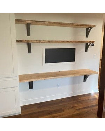 Industrial steel shelf brackets supporting rustic wood shelves in white built-in wall nook with TV, showing Albany 4" curv...