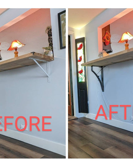 Before and after comparison showing Syracuse black metal countertop bracket corbels by Industrial Farm Co supporting rusti...