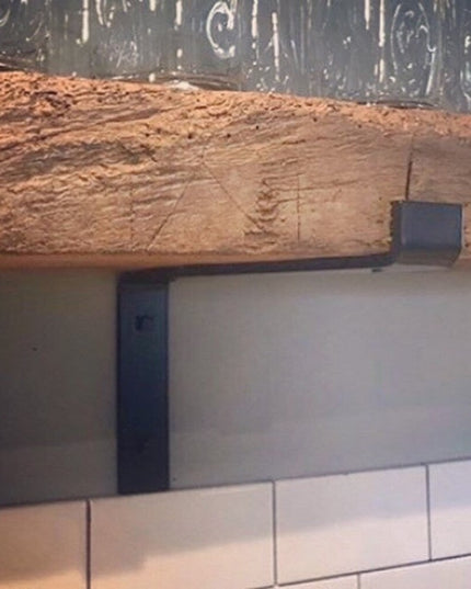 Auburn Z Open Shelf Support by Industrial Farm Co - black metal bracket supporting reclaimed wood beam shelf against white...