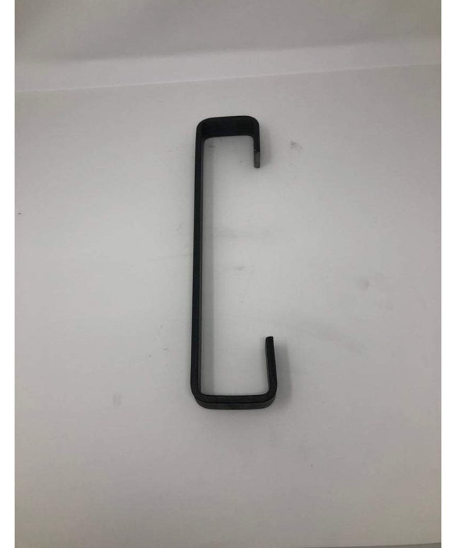 Black metal Long Beach door handle by Industrial Farm Co with rectangular tubing and right-angle bends on white background