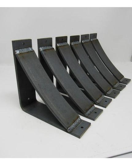 Set of six black metal curved countertop support brackets by Industrial Farm Co, showing welded steel construction with mo...