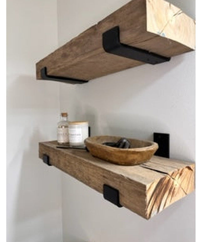 Black metal Jane J Style Shelf Brackets by Industrial Farm Co supporting natural wood floating shelves with wooden bowl an...
